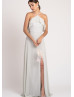 Halter Neck Meadow Chiffon Slit Bridesmaid Dress